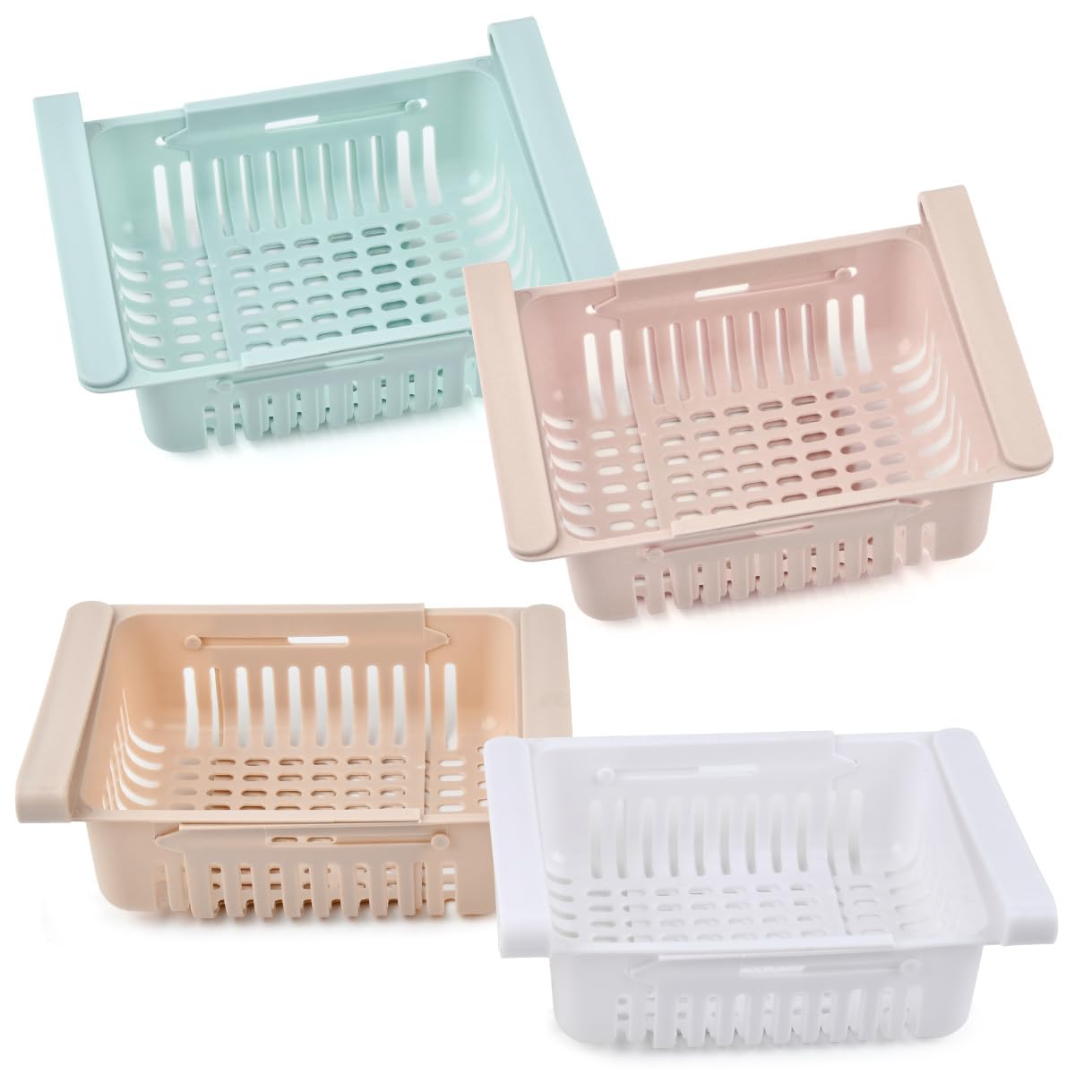 BUYGOO Cassetti Frigo per Frigoriferi 4PZ Contenitori Frigorifero Salvaspazio Set Organizer Estensibile per Frigorifero Ripiano Regolabile Cassetto Frigorifero Estraibile Cestini per Frigorifero