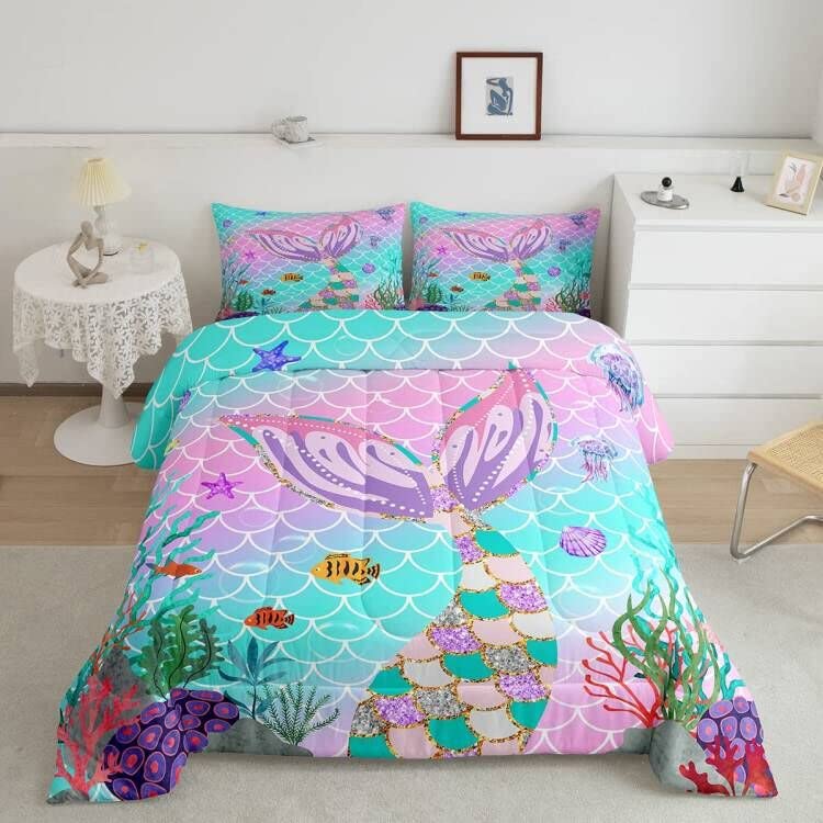 Juego de ropa de cama de sirena, 155x220 cm, para niñas, diseño de escamas de peces, arco...