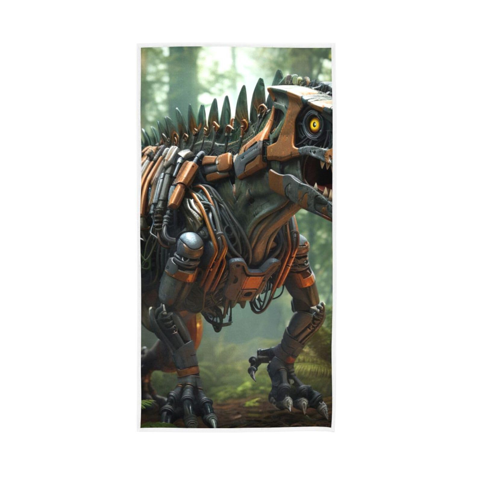LSRCPD Robot Dinosaur Walking in Jungle Face Towels, 15 x 30 Inch Absorbent Hand Towels for Bathroom Soft Hand Towels Esthetician Towels for Facials