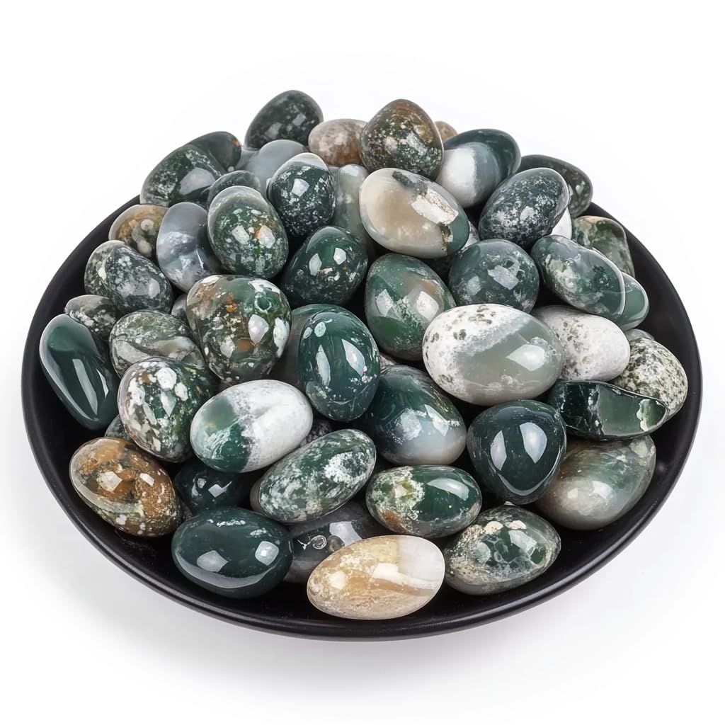 Moss Agate Healing Crystal Stone Set - 24 Pieces, 0.6" Natural &amp; Polished Stones for Healing, Meditation, Reiki, Chakra, Crafting &amp; Decoration