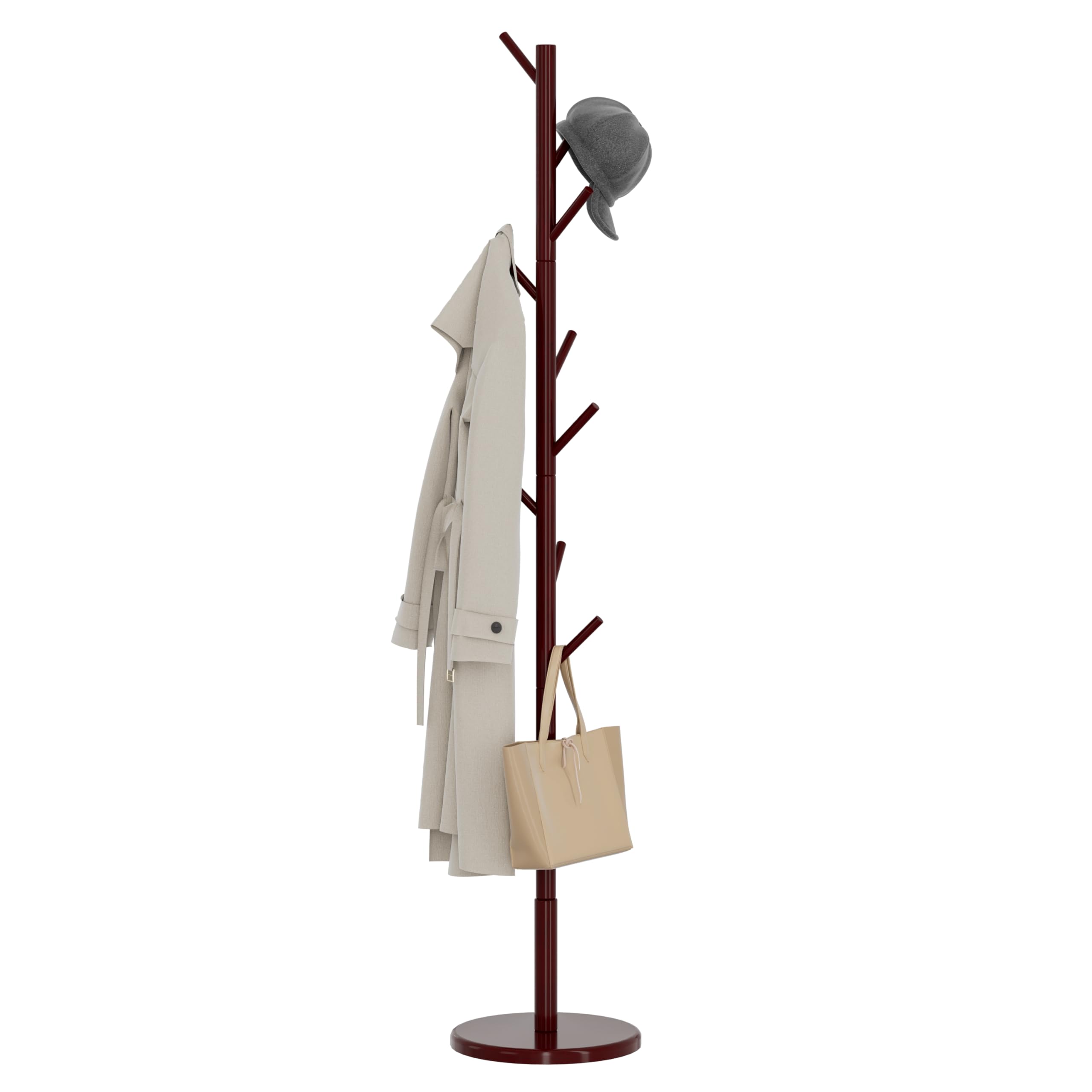 Wooden Freestanding Coat Tree with 4 Height Options and 9 Hooks, Sturdy Coat Rack Stand for Clothes/Bags/Hats, Easy Assemble Save Space Coat Rack for Entryway, Bedroom, Office, Narrow Place (Brown)