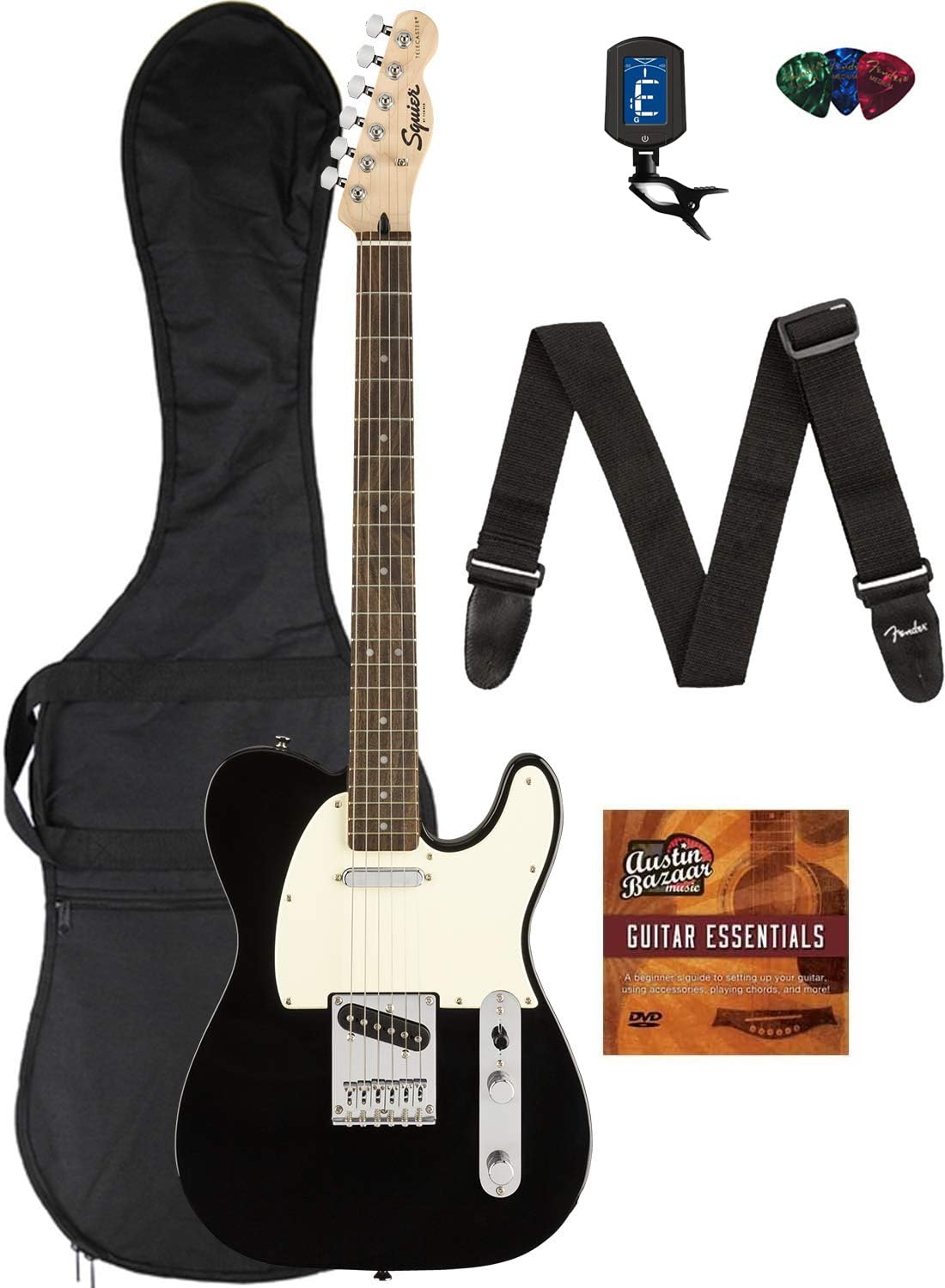 Fender Squier Bullet Telecaster, Laurel - Black Bundle with Gig Bag, Tuner, Strap, Picks, Fender Play Online Lessons, and Austin Bazaar Instructional DVD