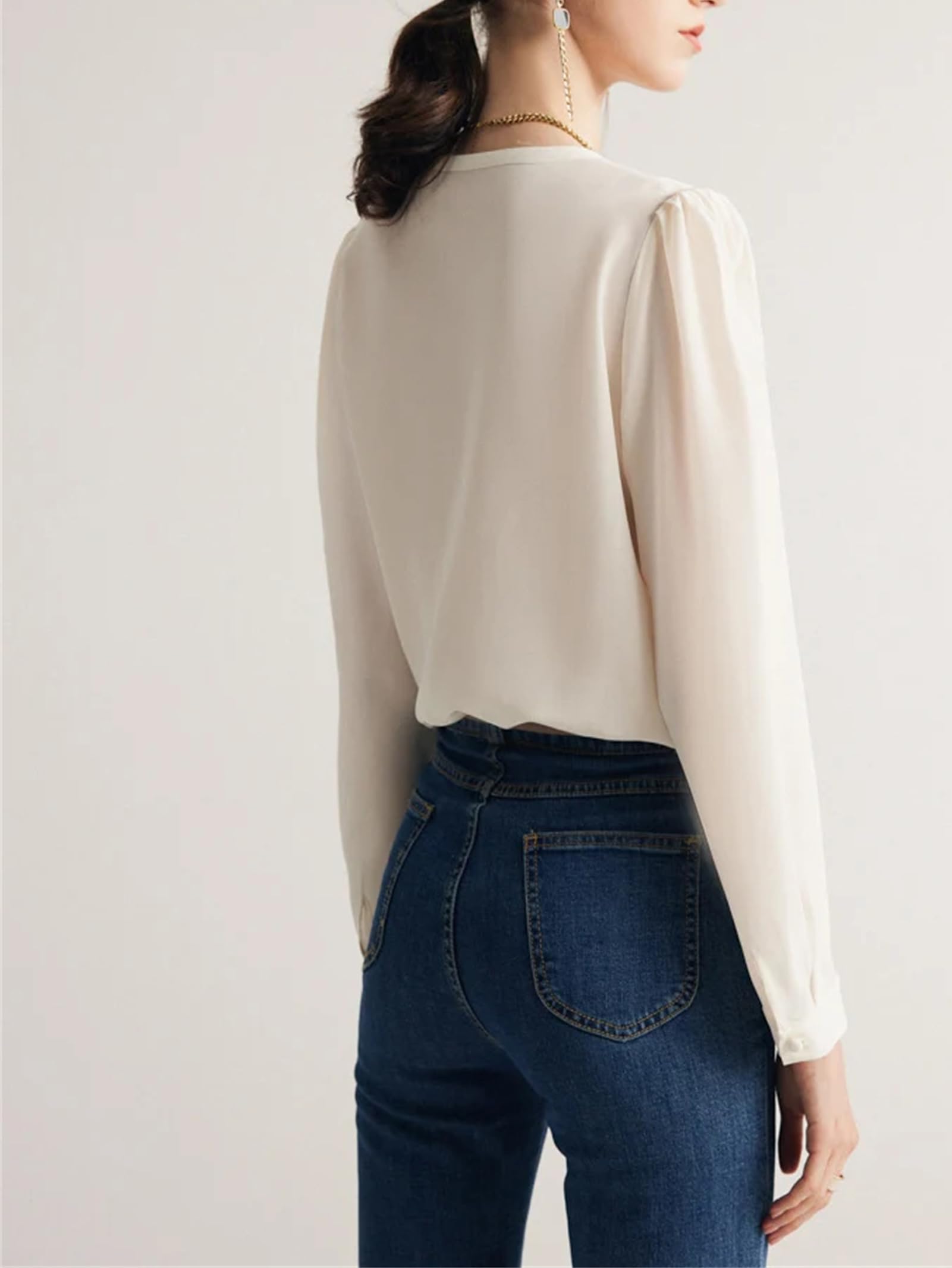 Camisas lisas de seda con cuello en V y manga larga para mujer, blusas elegantes para otoño e invierno, para la oficina