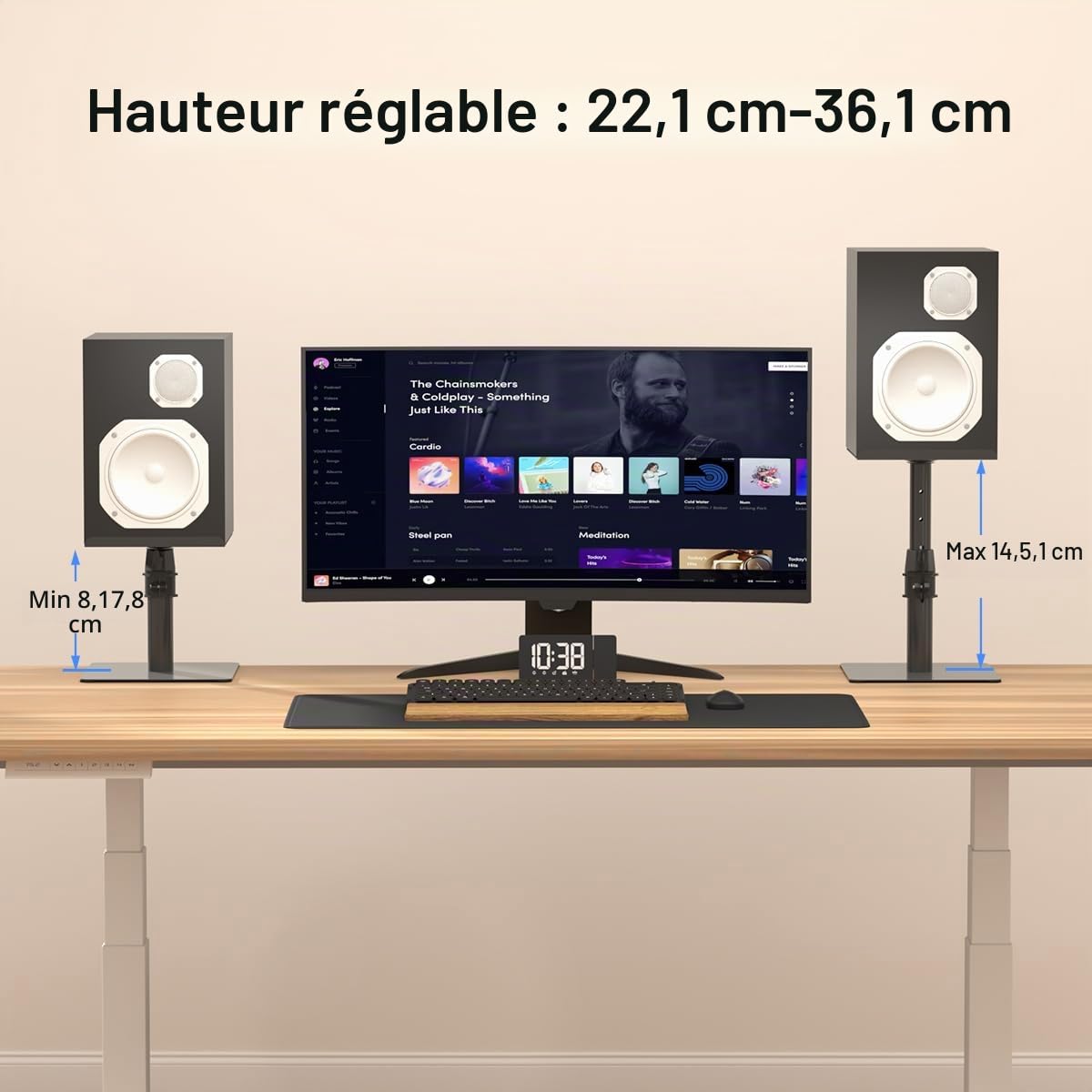 Suptek Universel Pieds Enceintes, Support d'enceinte Autonome pour Bureau, Plateaux de 9,6 x 8,8 Pouces, Réglage de La Hauteur et de l'inclinaison, Supports Audio Universels, Lot de 2, Noir, SDM001T