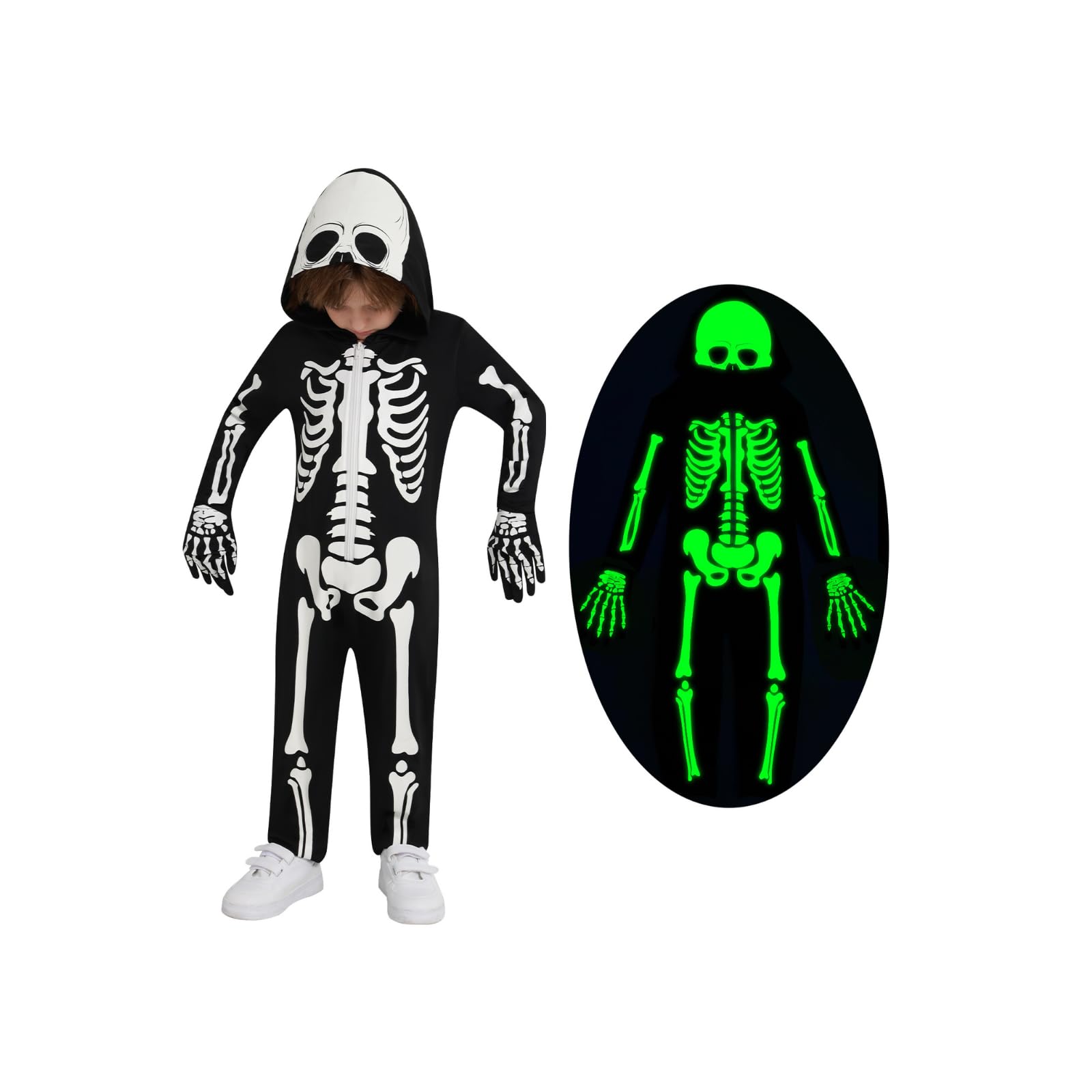 Miyanuby Kids Halloween Skeleton Costumes Toddler Boys Girls Glow in The Dark Skull Bones Luminous Hooded Jumpsuit with Gloves Baby Children Chucky Costume