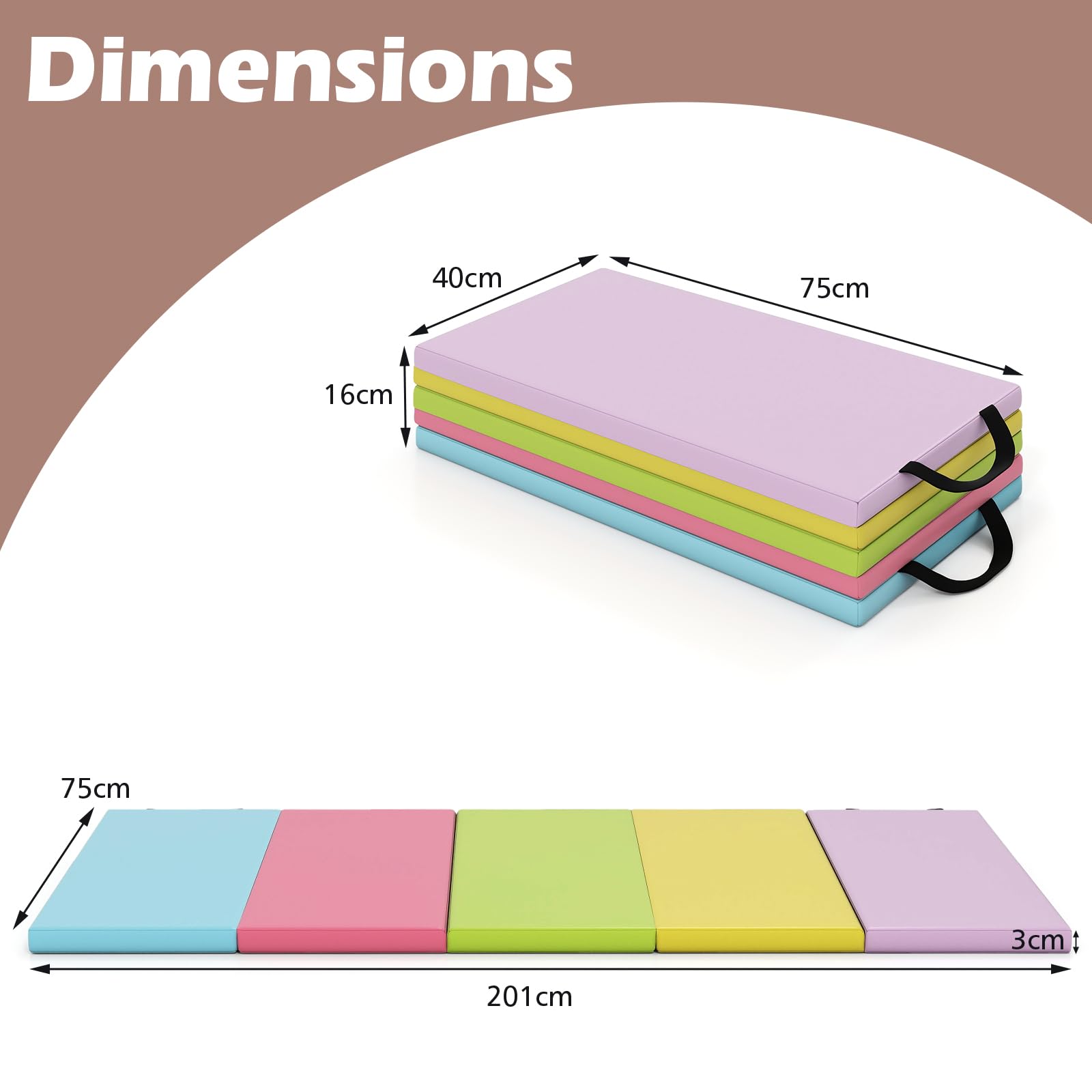 FANTASK Klappbare Weichbodenmatte, 200 x 75cm, Fitnessmatte aus PU 5 fach faltbar, Gymnastikmatte mit Tragegriff, Spielmatte, Sportmatte zuhause für Kinder Erwachsene, Macaron