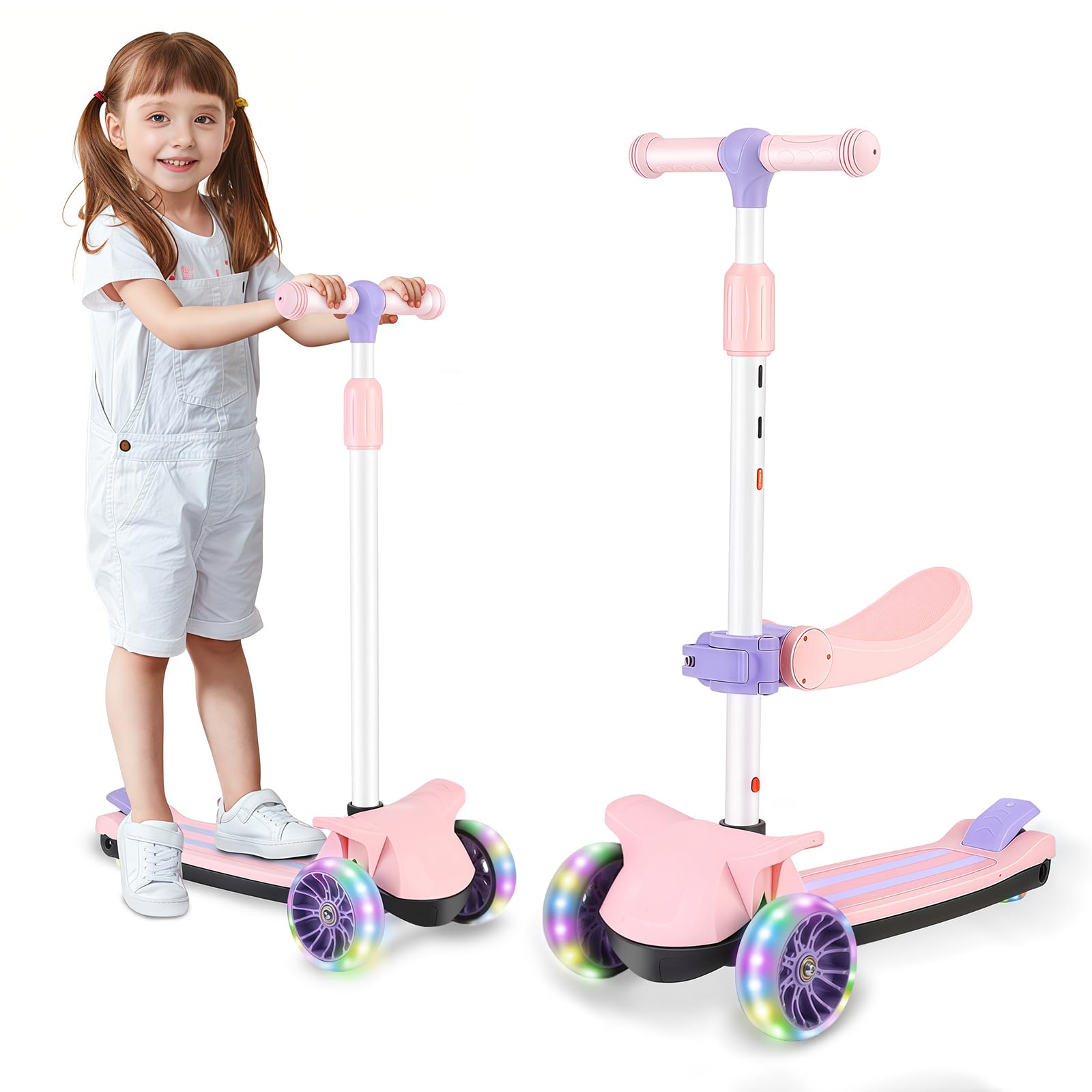 Trottinette Enfant 2 en 1 avec Siège Amovible, 3 Roues Lumineuses et 4 Hauteurs Réglables, Trottinette à Pousser Assise ou Debout pour Filles et Garçons de 2 à 10 Ans