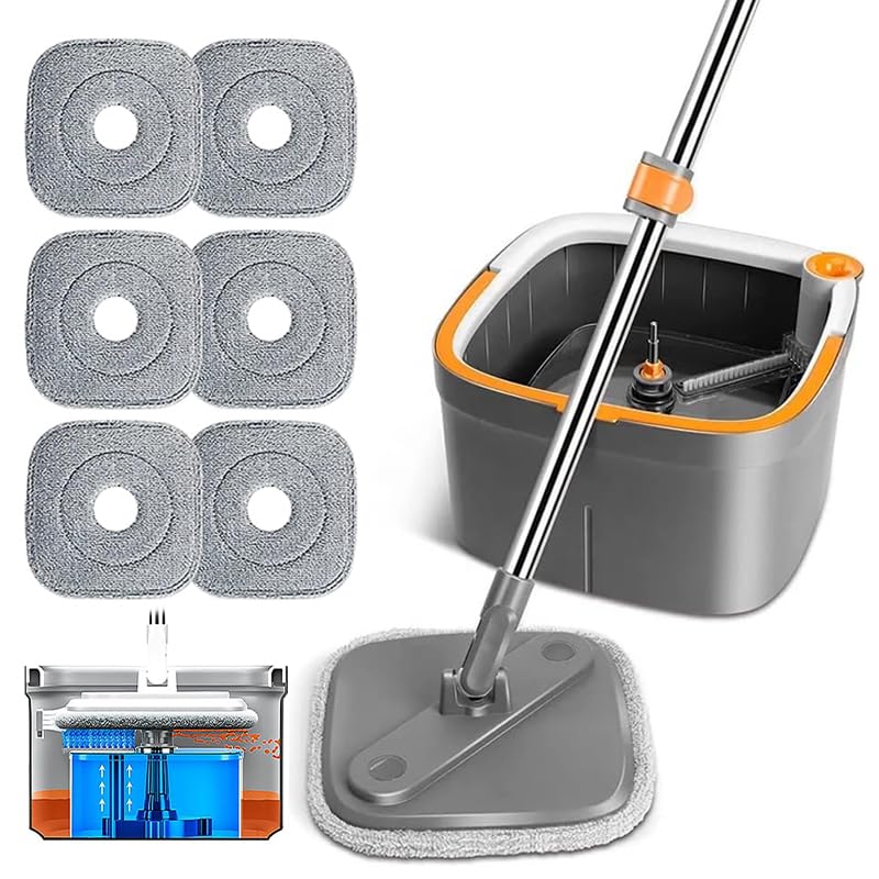 Spin Mop and Bucket Set with Replaceable Microfiber Mop Pads,Spin Mop,Self Wringing 360° Rotating Square Mop Head for Hardwood Tile Marble Floors (