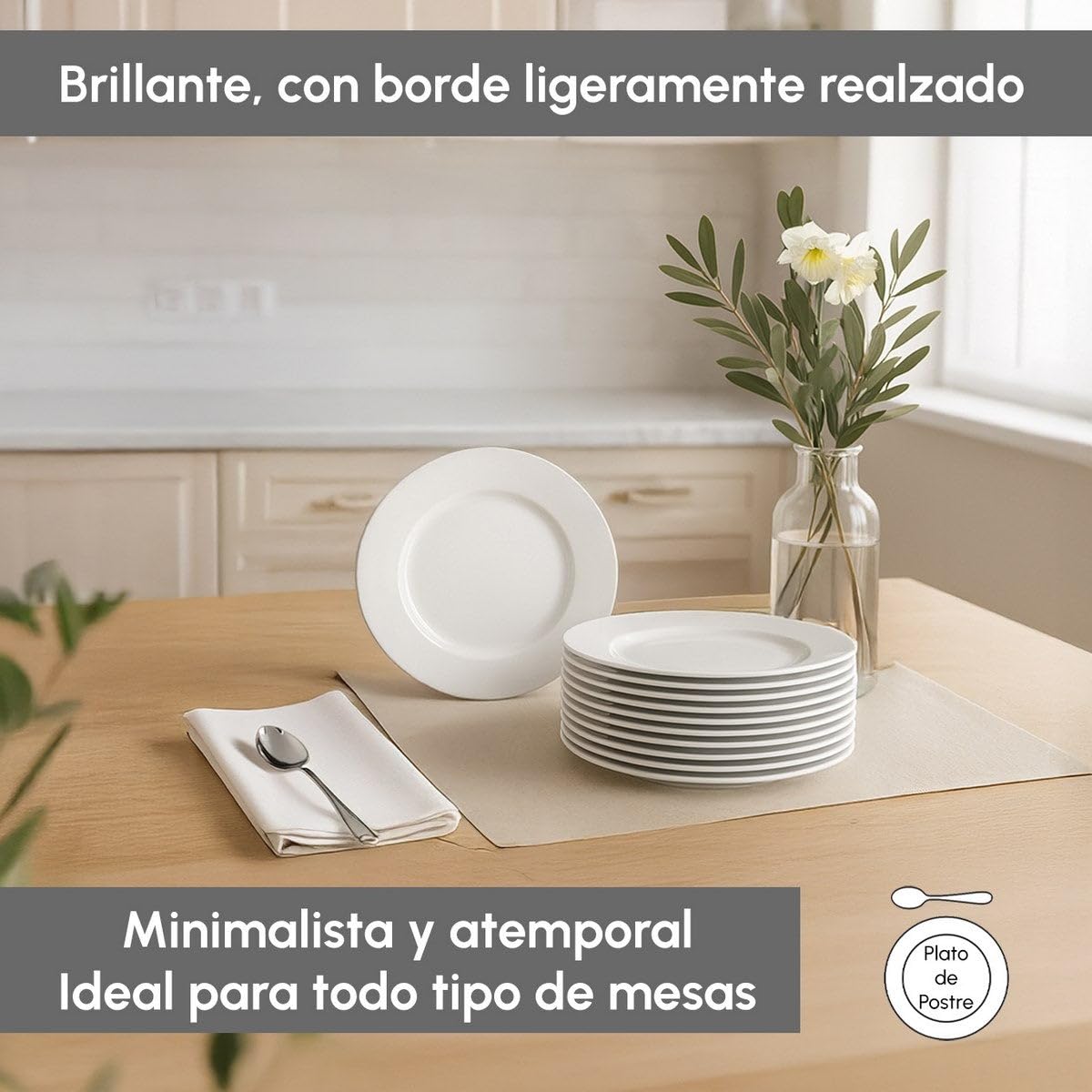 UNIMASA - Juego de 12 platos de postre redondos blancos de porcelana de 19 cm. Configura tu vajilla completa moderna para 12 personas a tu gusto