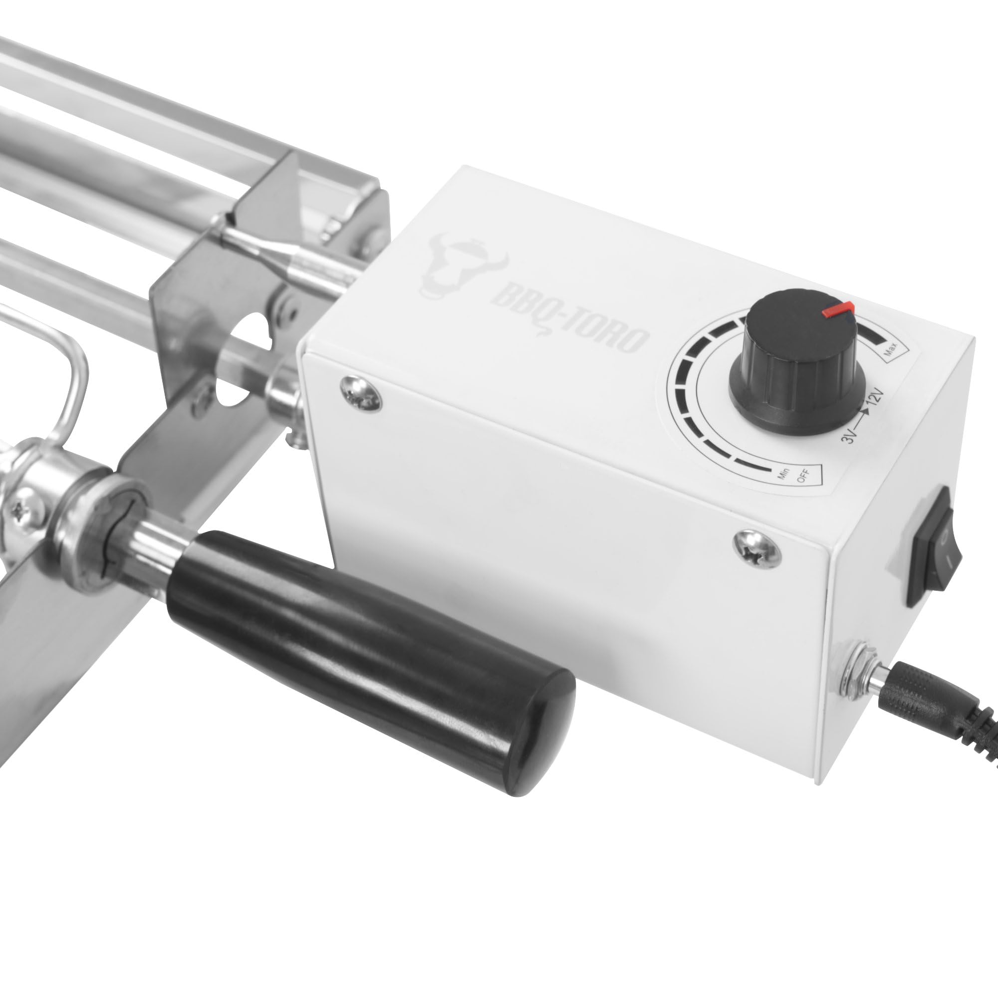 BBQ-Toro Girarrosto elettrico in acciaio inox, con 6 spiedini e motore, misura regolabile (larghezza x profondità) 70 x 26-40 cm, con spina di alimentazione e USB, per barbecue Mangal