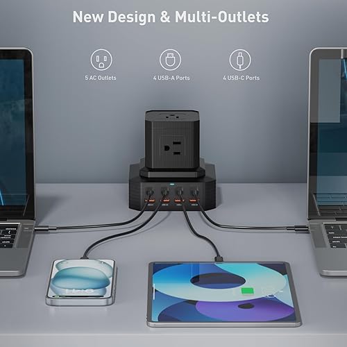 Miniatura 2 de GEEK FULLY Regleta de alimentación con protector de sobretensiones, estación de carga de escritorio, cable de extensión de 6.6 pies con 5 salidas de