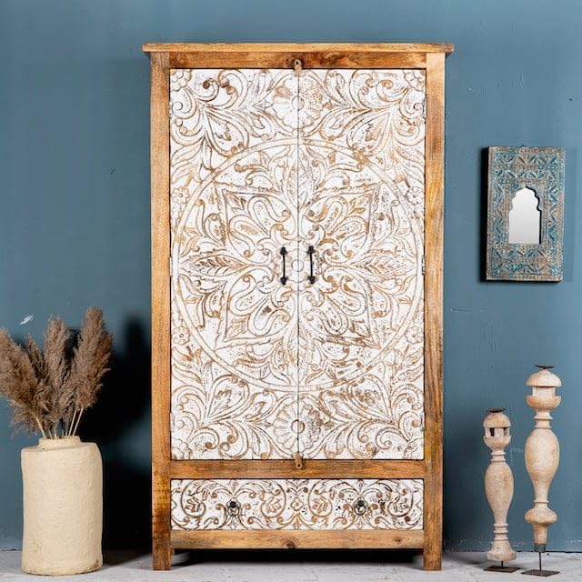 Solid Sheesham Wooden Armoire Cabinet with White Distressed Finish, Floral Intricate Design Wardrobe with Drawer & Shelves for Bedroom, Living Room & Home Decor-image-2
