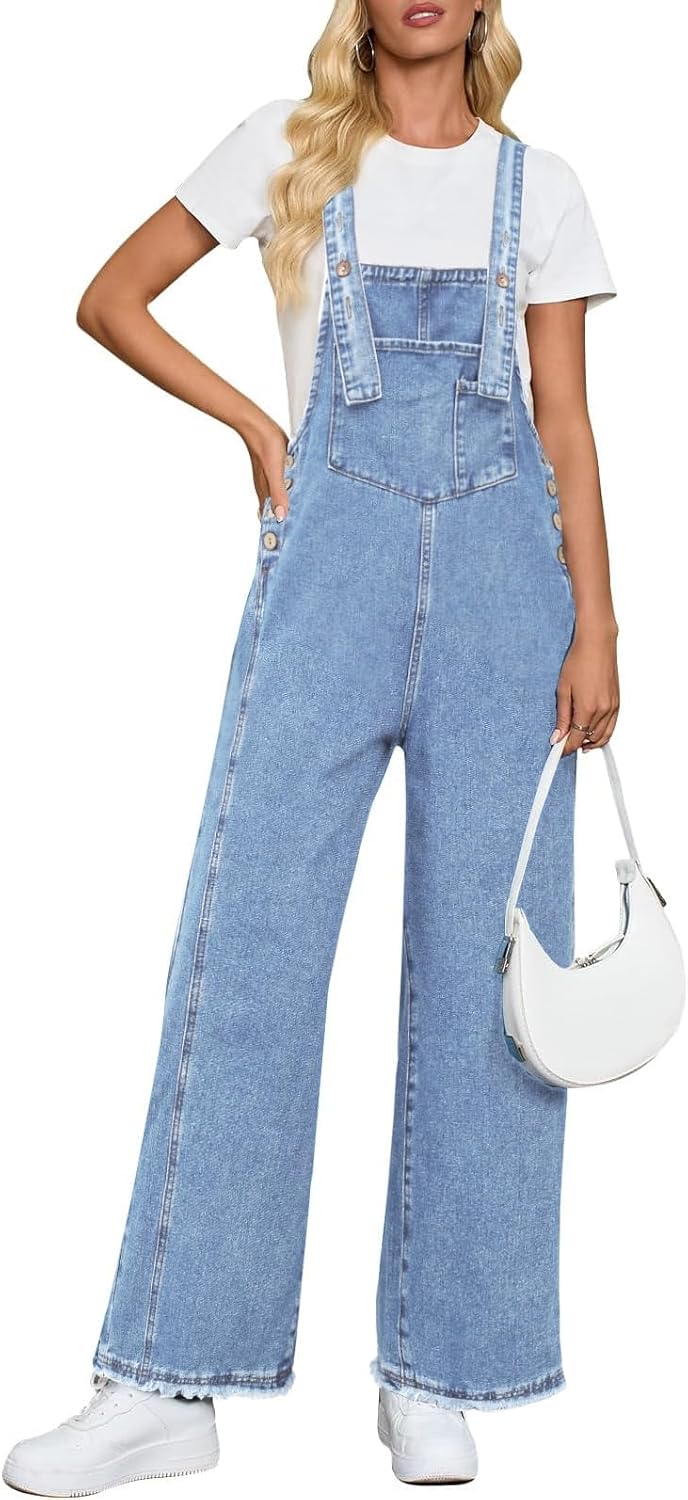 Denim Overalls for Women Jean Bib Wide Leg Raw Hem Button Adjustable Straps Loose Fit Baggy Jumpsuit Jumpers - Image 5