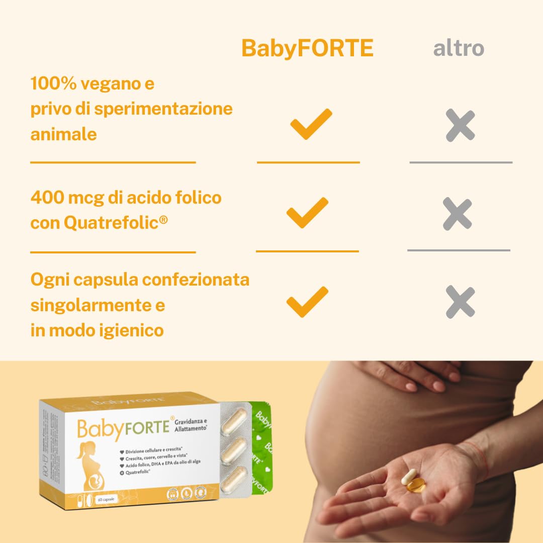BabyFORTE® Vitamine Gravidanza Integratore | Vegano | 60 Capsule | acido folico + 17 Nutrienti - Omega 3 DHA EPA | Allattamento