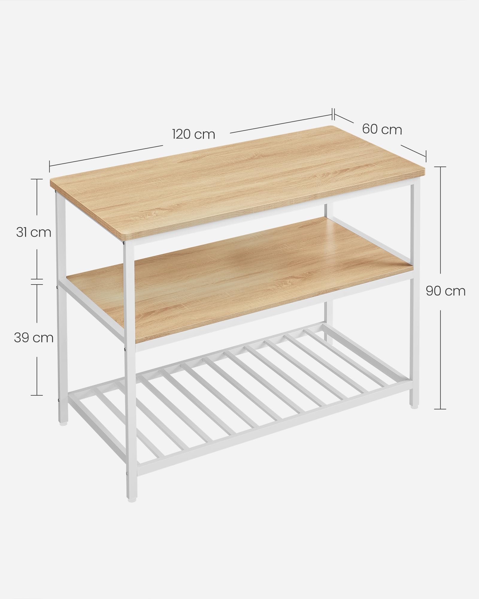 VASAGLE Îlot de Cuisine avec Grand Plan de Travail, Étagère de Cuisine à 3 Niveaux, Cadre en Acier, 60 x 120 x 90 cm, Style Moderne, Montage Facile, Couleur Chêne et Blanc KKI001W09