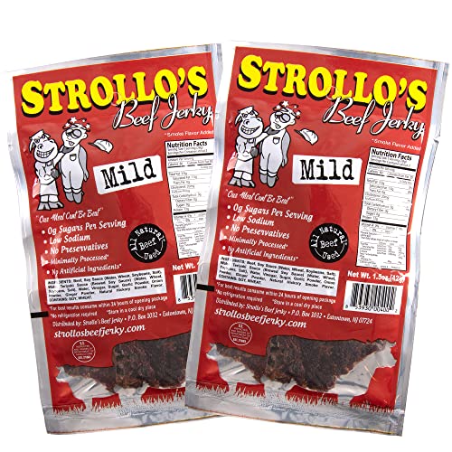 Strollo's Beef Jerky Snack Packs - Mild 2 Pack - Low Sodium, Low Sugar, Low Carb - Made with All Natural USA Beef, USDA Certified- 1.5oz Per Bag