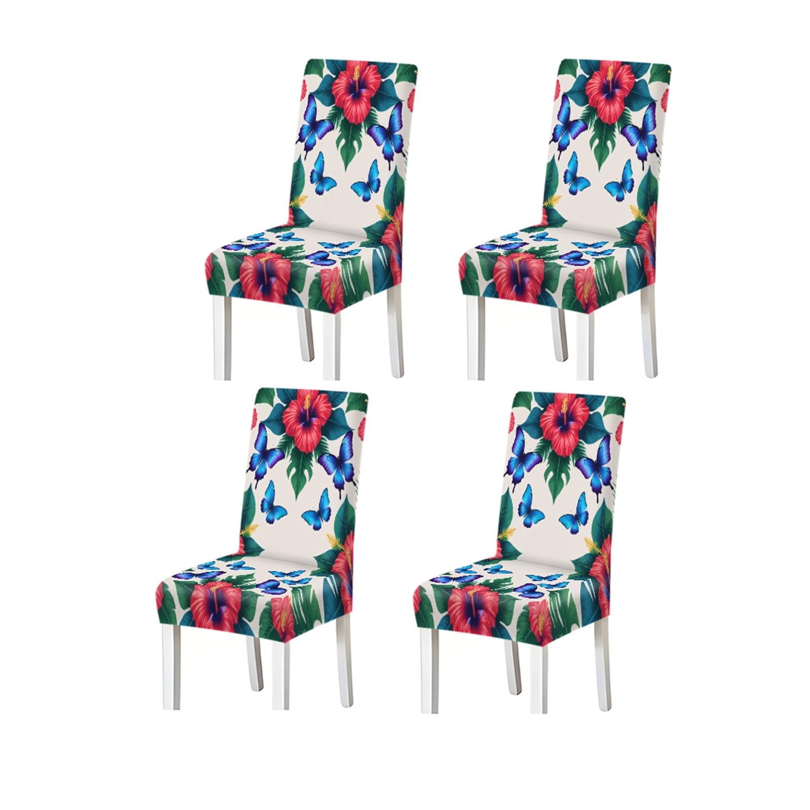 FZJKGH Red Hibiscus Blue Butterfly Tropical Pattern Print Dining Chair Covers Set Of 2/4/6, Stretch Slipcovers For Kitchen Dining Room Removable Stretch Slipcovers for Dining Chairs(4PCSChair cover)