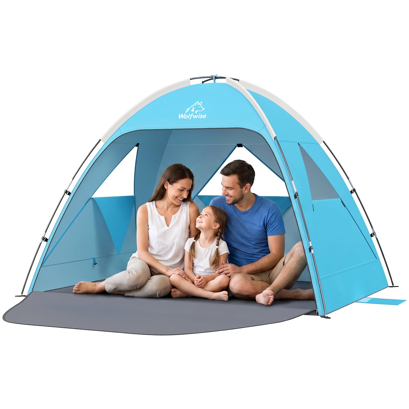 Wolfwise Strandmuschel UV Schutz, 3 Belüftungsfenster & Tragetasche, Strand Zelt mit erweiterbarem Boden für Privatsphäre, 3 Personen, 220x150x122cm(87 ''x59''x48''), Blau Sport & Freizeit