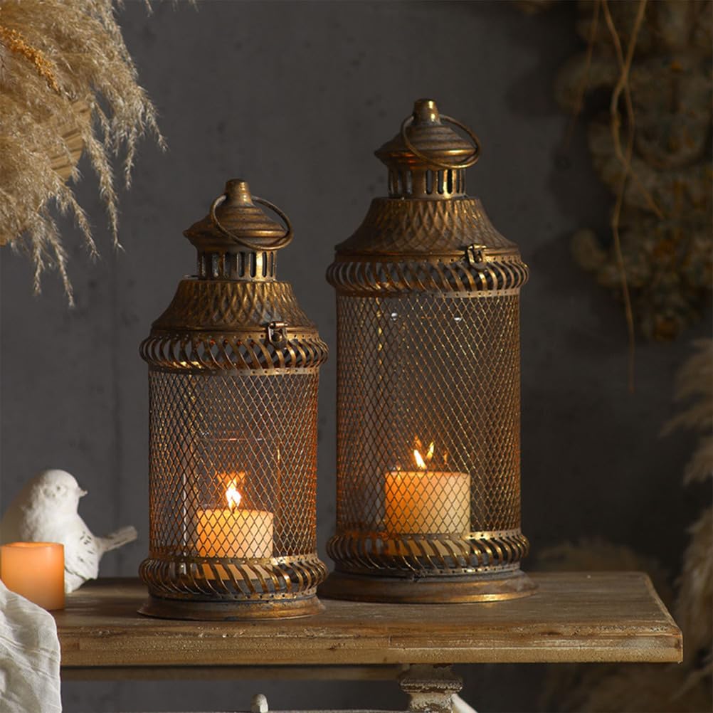 Faroles para Velas Juego De 2 Metal Desgastado Malla De Alambre Hueca Grande Pequeño Anillo Colgante Decoración Mesa para Comedor Boda Casa Rural Hotel Posada Estilo Retro Rústico