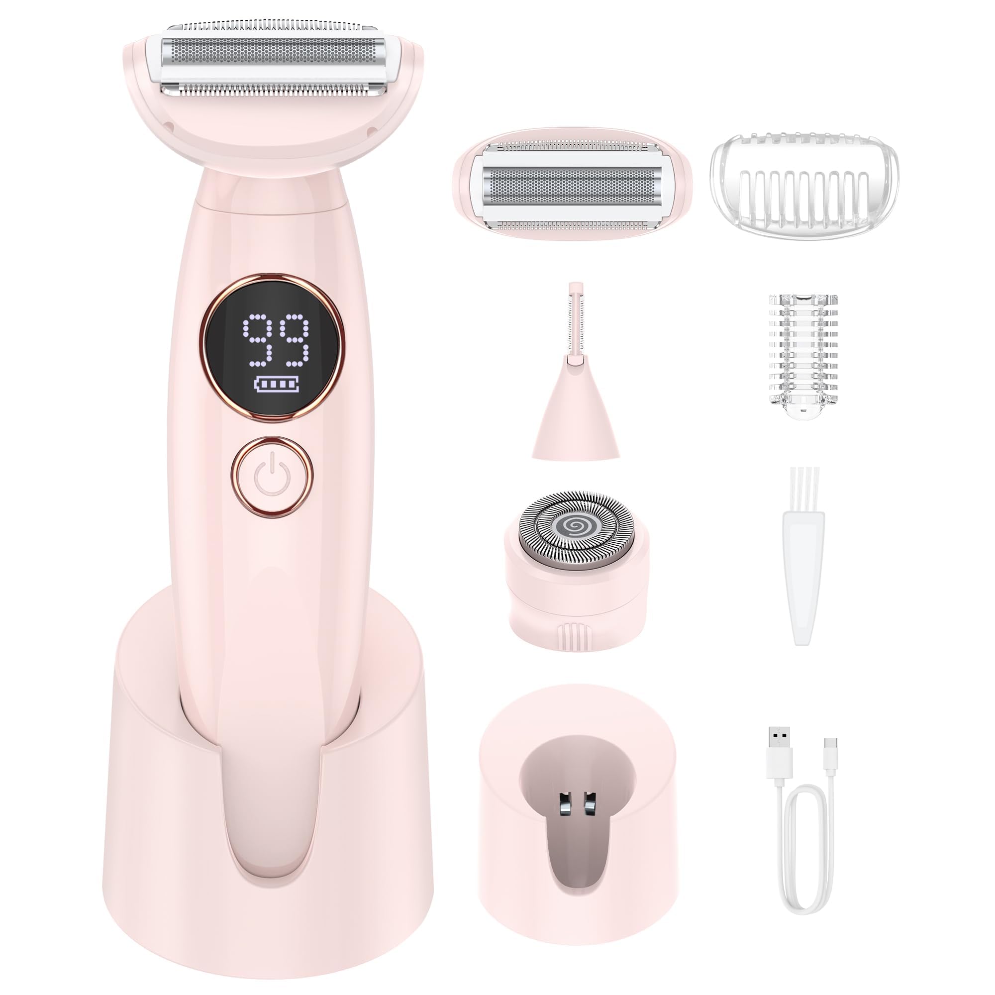 Rasierer Damen,3-In-1 Intimrasierer für Frauen,Gesichtshaarentferner für Frauen,Damenrasierer Elektrisch Nass-Trockenrasierer IPX7 Trimmer Damen,für Bikinizone Achseln Beine,USB-Aufladung,Rosa