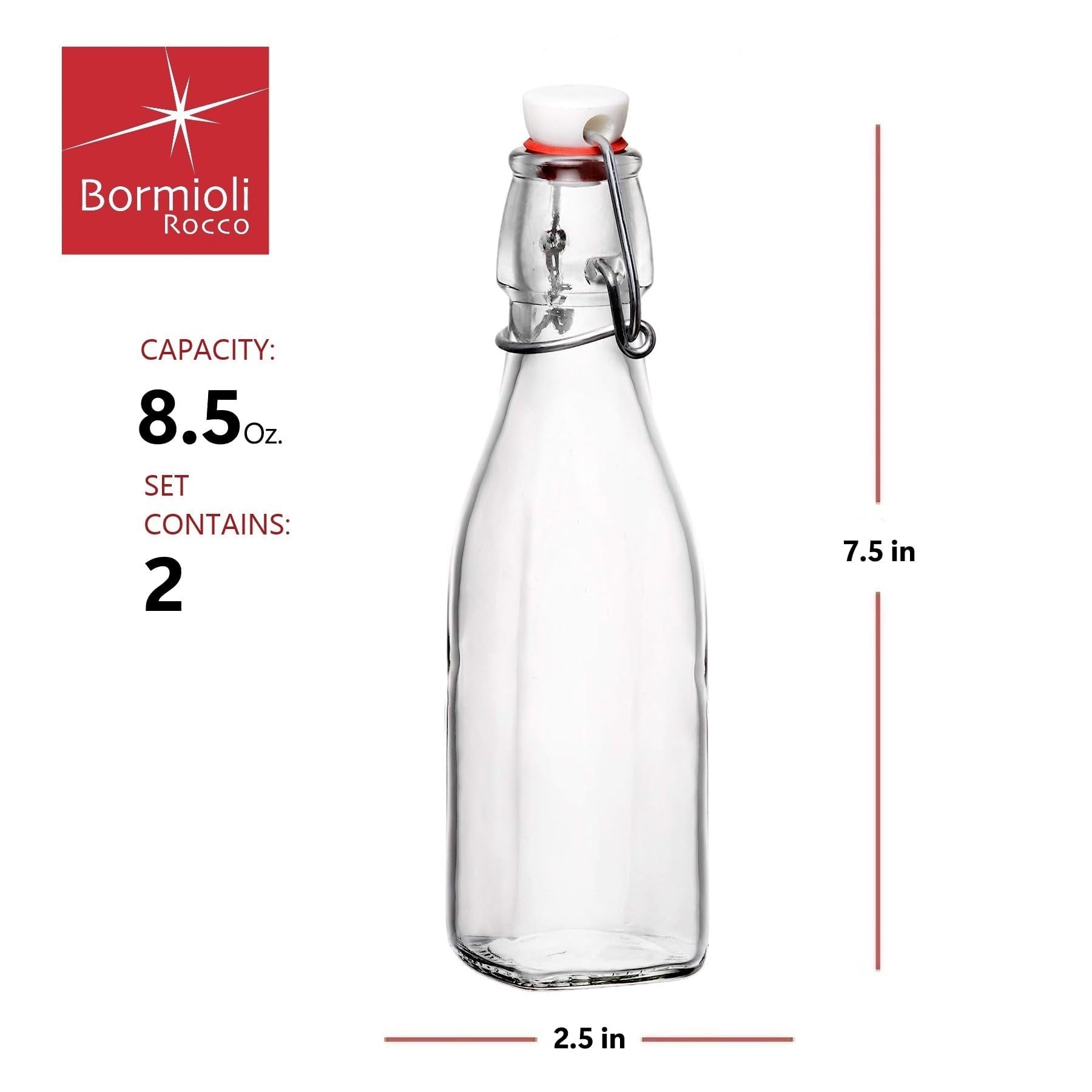 Bormioli Rocco Swing Top Glass Bottle (Set of 2) - 8.5 oz Kitchen Containers with Airtight Seal, Ideal for Homemade Dressings, Syrups, Infused Oils, Small-Batch Beverages - Glassware for Kitchen