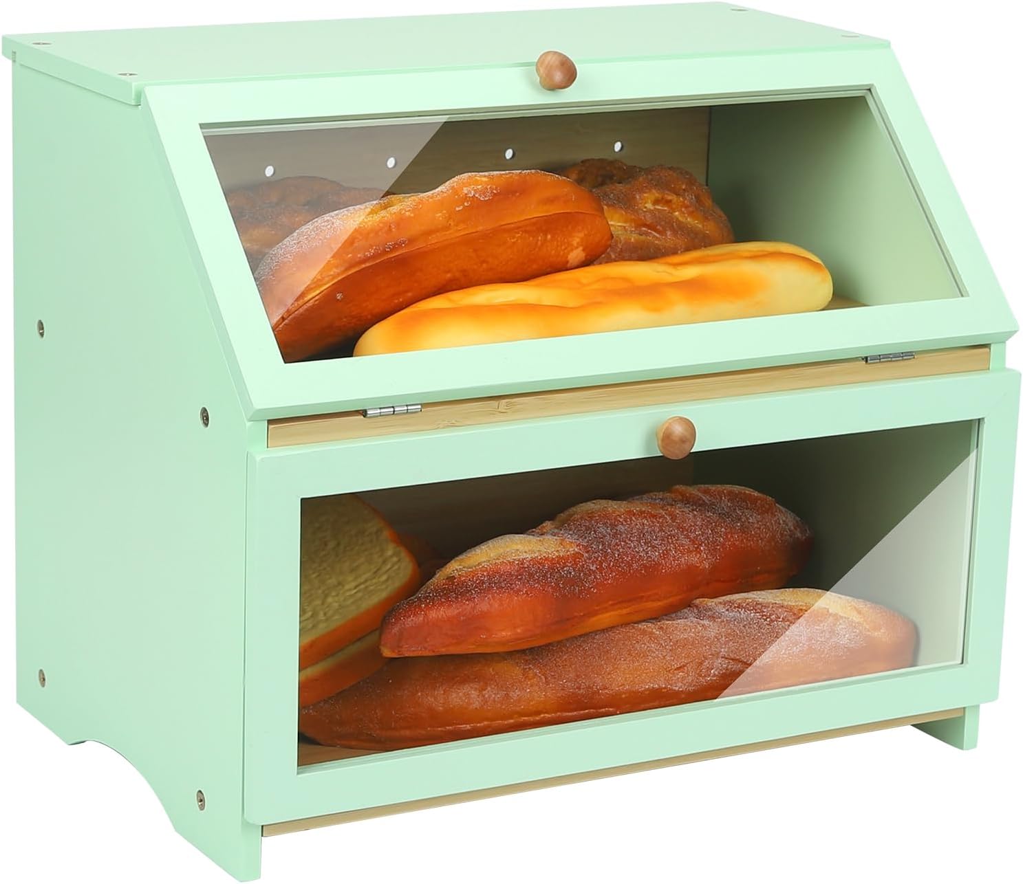Double Layer Large Bread Box for Kitchen Counter, Wooden Large Capacity Bread Storage Bin (Mint Green)