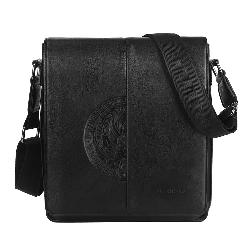 Leathario Bolso Bandolera para Hombre de Cuero Vegetal Vintage - Bolsa de Mensajero Grande Negocio Crossbody Casual Negro Clásico