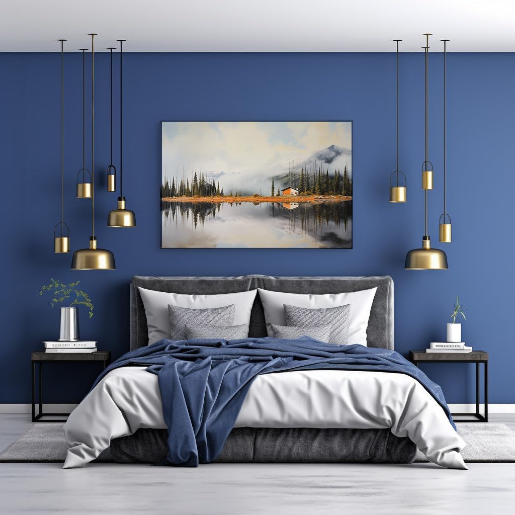 Canvas for Living room. Serene Lakeside Retreat: A Tranquil Cabin Amidst Nature's Embrace, 27 x 18 inch Canvas Wall Art - Ready to Hang - 69x46 cm (27x18 inch)