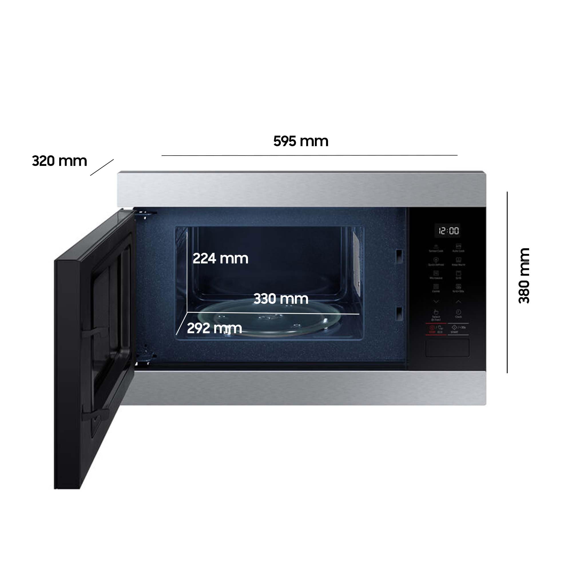 Samsung MG22M8274AT/E1 Einbau-Mikrowelle mit Grill, 850 W, 22 l Garraum, Kleines Mikrowellengerät für 38 cm Nischen, Warmhaltefunktion, Smart Sensor, Kratzfester Emaille-Innenraum, Edelstahl