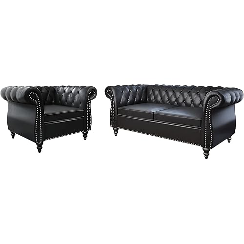 QHITTY 2 Piece Living Room Set, Sectional Chesterfield Sofa Chair Contemporary Upholstered Leather Loveseat Couch Sets for Living Room, Bedroom, Office