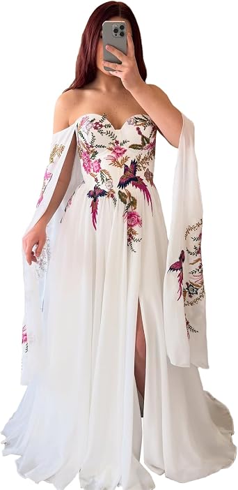 LIPOSA Boho Wedding Dresses for Bride A Line Bohemian High Slit Flowy Chiffon Bridal Gown with Hummingbird Embroidery
