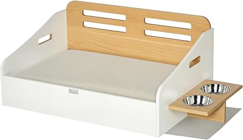 PawHut Cama de madera para perro, sofá para mascotas estilo mueble, sofá para gatos con cojín suave, respaldo, 2 cuencos de alimentación, asas, para