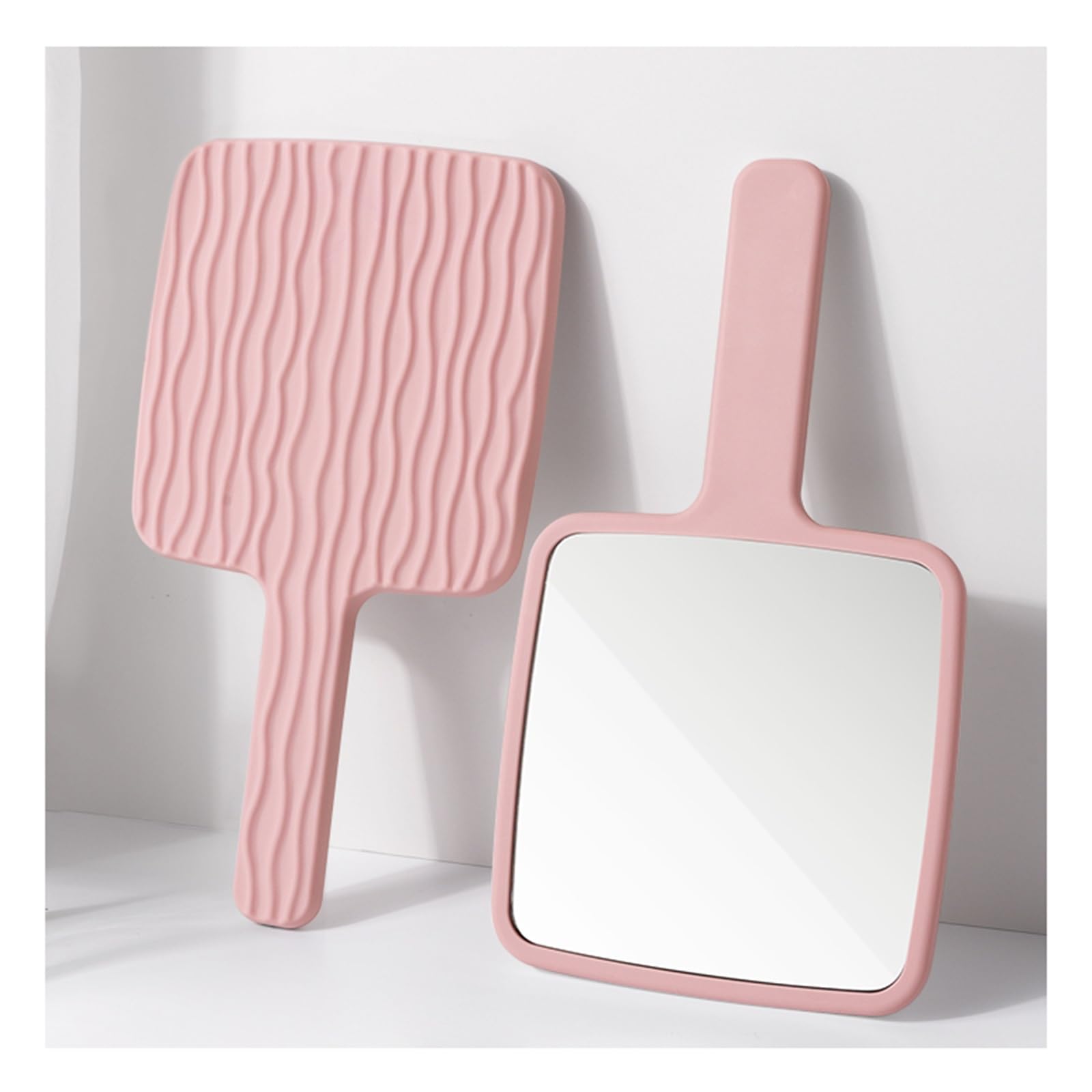 MEFFEE Espejo de Mano Grande Rosa/Blanco,Espejo de Mano con Mango cómodo,Espejo de Peluquero portátil de Mano para Cortar el Pelo de la Parte Posterior de la Cabeza (Color: Rosa,tamaño: 16,8 x 10 c