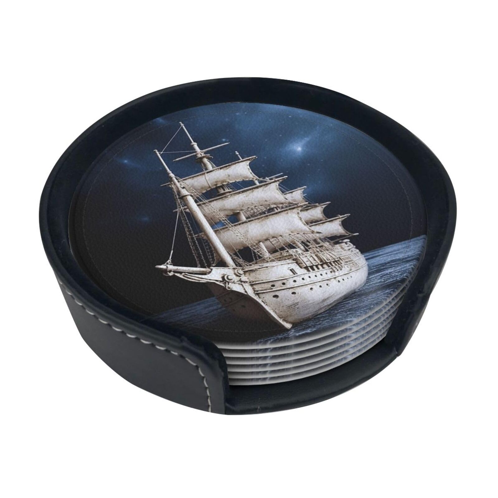 Vintage Nautical White Ship Set Of 6 Coasters, Stain And Scald Resistant Drink Coasters For Restaurant, Kitchen, Office, Etc.