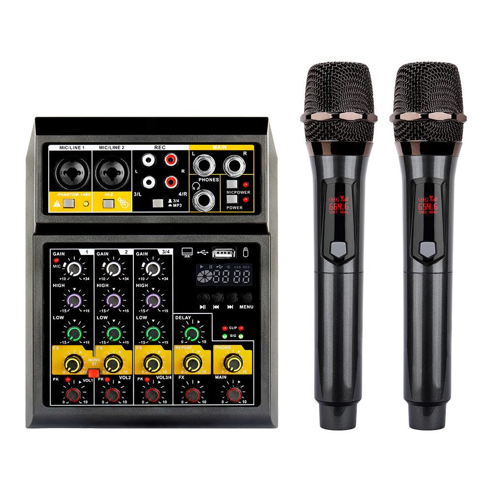 kh Professional 4-Channel Audio Mixer with Dual Wireless Microphones – Bluetooth, USB Interface, +48V Phantom Power, Sound Board Console for Band, Karaoke, Studio Recording (Green/Yellow)-image-36