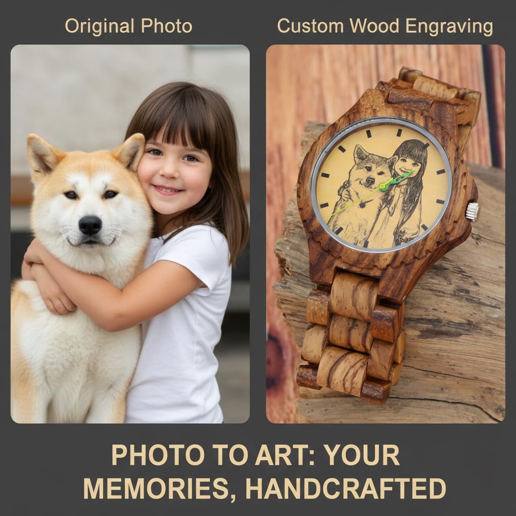 Reloj de madera personalizado para hombre, esfera fotográfica de línea blanca y negra, carcasa trasera grabada, reloj de pulsera de madera de bambú marrón de 40 mm con pulsera de eslabones, regalos