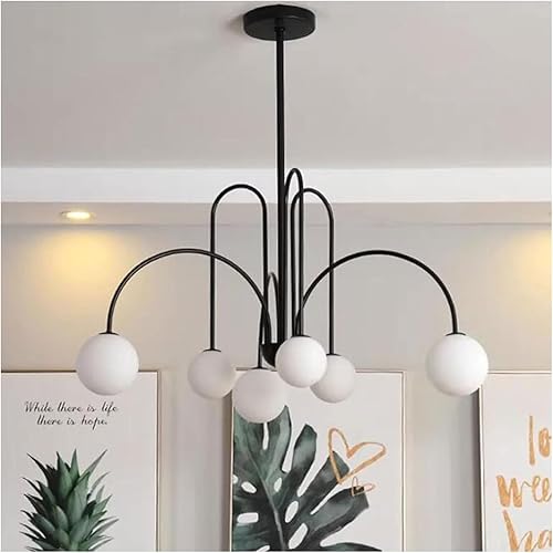 Miniatura 2 de Chandelier 6-Light Milk Glass Globe Pendant Light Mid Century Metal Glass Ball Chandelier with Adjustable Rods Hanging Lighting Fixture for Kitchen