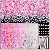 9000PCS Flatback Pearls and Pink Rhinestones for Bedazzling Kit, Pink White 3-10mm Resin Rhinestones Gems and Half Pearls for Crafting, Nail Art and Grad Cap Decor with B7000 Jewelry Glue