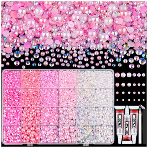 14000PCS Flatback Pearls and Pink Rhinestones for Bedazzling Kit, Pink White 3-10mm Resin Rhinestones Gems and Half Pearls for Crafting, Nail Art and Grad Cap Decor with B7000 Jewelry Glue