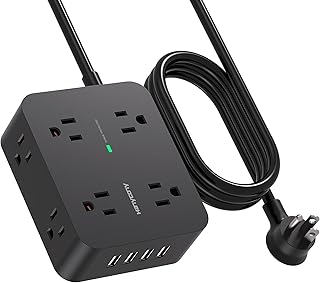Power Strip Surge Protector, 5 Ft Exetnsion Cord with Multiple Outlets, Outlet Extender with 4 USB Ports, Flat Plug, Wall Mount for Home Office Dorm Room Essentials, ETI Listed, Black