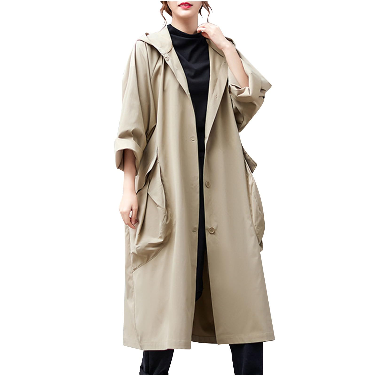 Womens Long Trench Coat Long Sleeve Double Breasted Oversized Windproof Classic Lapel Fall Overcoat with Hood