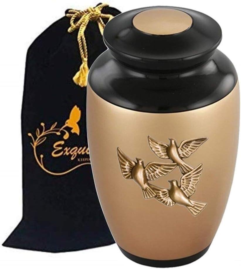 Exquisiteurn's Custom Gold Applique Cremation Urn - Adult Cremation Urn - Handcrafted Funeral Urn for Ashes - Metal Cremation Urn - Great Deal Free Bag (Flying Doves)
