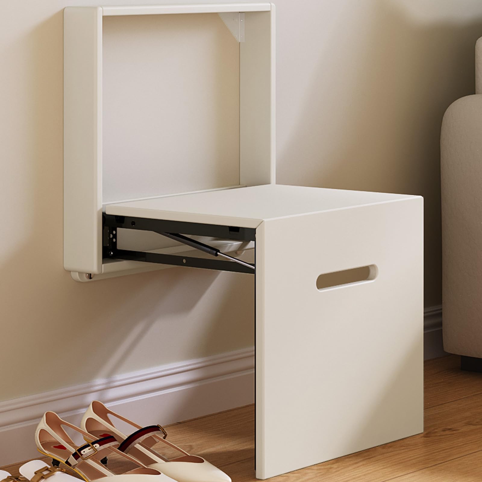 QEZEOM Wall-Mounted Folding Shoe Bench, Hidden Entryway Stool with Wearable Invisible Seat, Foldable Space-Saving Shoe Bench for Hallway, Easy to Assemble, Cream White