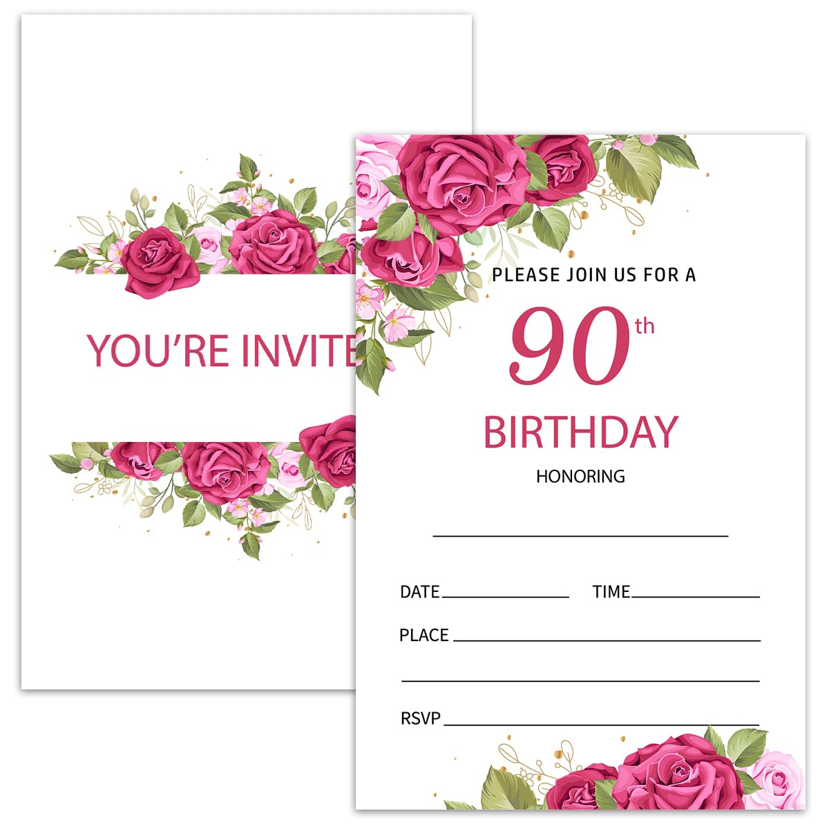 Nopoben 90th Rose Floral Birthday Invitation Cards for Women Men, 90 Years Old Birthday Invites for Adult, Party Supplies Favors, 20 Cards With 20