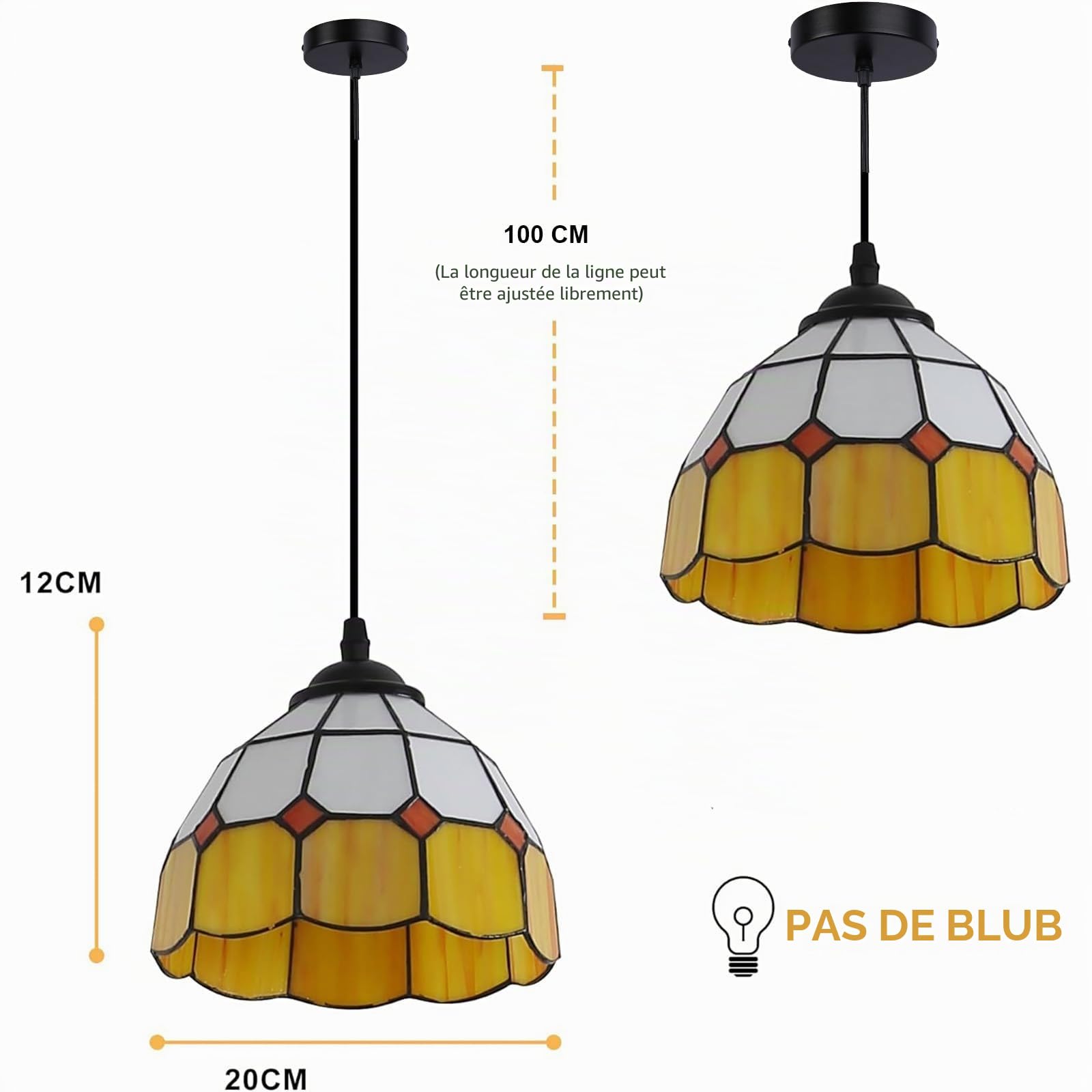 Alpinaluz suspension en verre Tiffany fait main Ø20 cm, jaune, blanc opalin et transparent, douille E27, hauteur réglable, style classique vintage