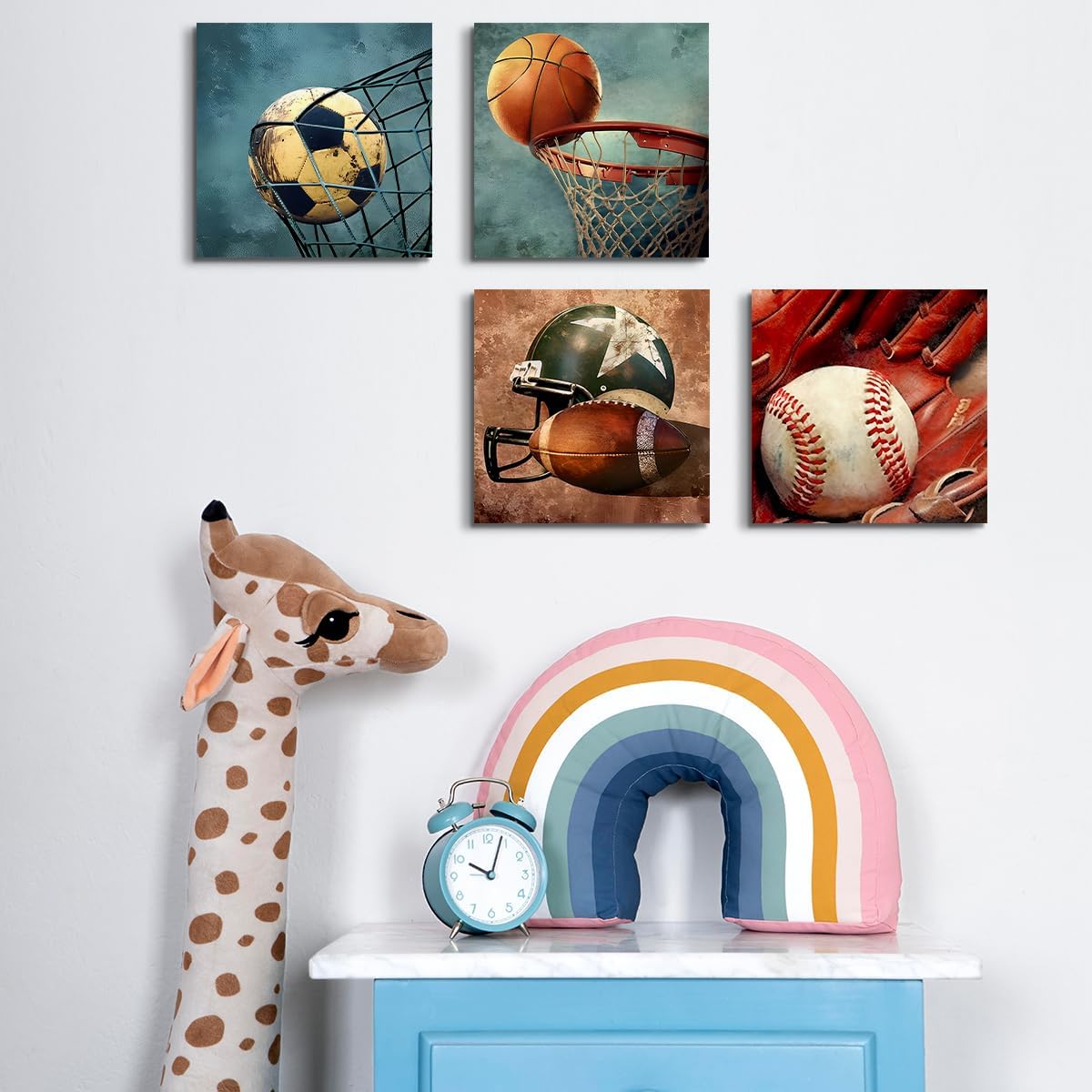 4PC Sports Canvas Wall Art Framed Boys Room Decor Rustic Football Baseball Basketball Soccer Wall Decor Sport Theme Posters Vintage Canvas Prints Picture Artwork Playroom Boys Bedroom Decor