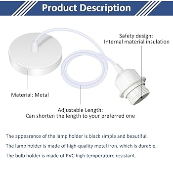 Linkind Metal Pendant Light Fitting, E27 Lamp Holder For Ceiling Pendant Light Ceiling Fitting Set With 100cm Cable White