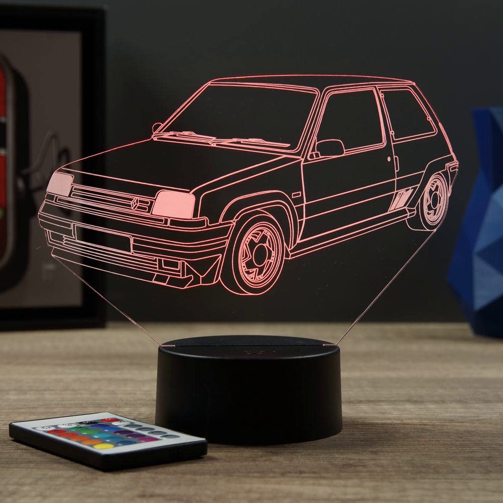Lampe LED 3D Renault Super 5 GT Turbo Personnalisée Prénom – Veilleuse 16 Couleurs + Télécommande – Cadeau Passion Voiture Ancienne & Youngtimer – Fabrication Française Artisanale