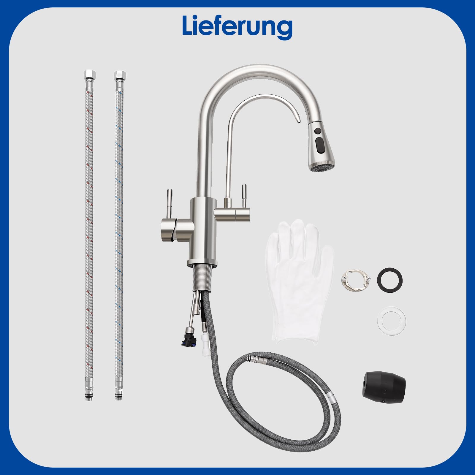 ROVOGO 3 Wege Wasserhahn Küche mit Filter, Hochdruck Küchenarmatur mit Brause Ausziehbar, Doppelhebel Spültischarmatur für Heiß-, Kalt- und Trinkwasser, Mischbatterie Gebürstet Edelstahl, C-Auslauf