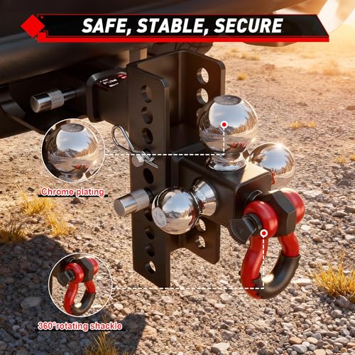 Image of TYT Adjustable Tri-Ball Trailer Hitch for 2 inch Receiver, 4.5 inch Drop /Rise, Triple Balls (1-7 /8 inch, 2 inch, 2-5 /16 inch) with Shackle, 10,000 lbs GTW, 1,000 lbs TW,Pin Lock & Hitch Tightener
